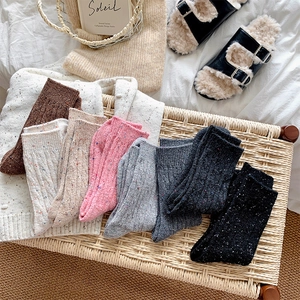 Women Mid Calf Crew Socks Chunky Knit Speckled Neppy Yarn Thermal Winter Warm Ribbed Vintage Sweet Academy Style