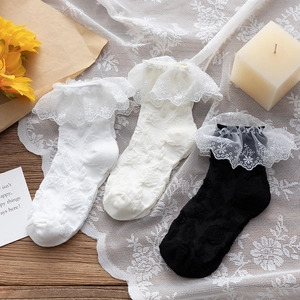 Detailed view of lace trim and jacquard texture on white, beige and black lolita socks