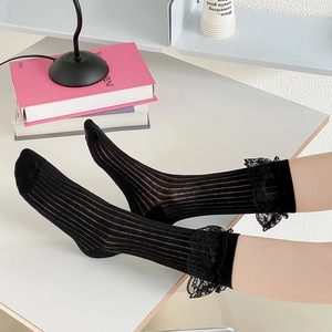 Détail de chaussettes lolita noires transparentes à rayures verticales et dentelle