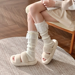Scaldamuscoli Lolita giapponesi color crema con bordo in pizzo e fiocchi da donna