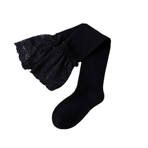 Black high-elastic knit stockings for children with elegant layered lace ankle trim