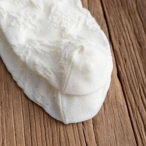 Close-up of white lace lolita socks showing delicate knitting and stitching details