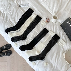 Knee High Socks Sheer Mesh Polka Dot Striped Lace Breathable Japanese JK Style Sweet Women Fashion