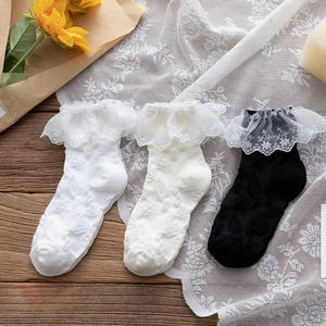 Lolita Socks Women Japanese Style Sweet Lace Ruffle Mid-Calf Socks Cotton Blend Floral Jacquard Retro Mori Girl
