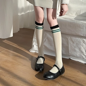 Close-up of white ribbed knee-high socks with stripes and black Mary Jane shoes