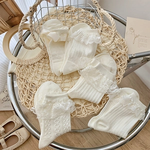 Detailed texture of off-white lace socks with satin bows and ruffled edge knit details