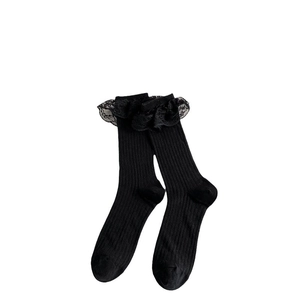 Chaussettes Lolita noires pour femmes avec bordure en dentelle et coton côtelé