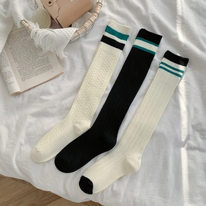 White knee high socks with green stripes in Japanese preppy JK style for women