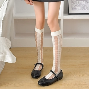 White floral lace knee-high socks with breathable mesh and ribbed cuffs for women