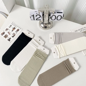Detail of multi-color slouch socks in mesh knit with ribbed texture and loose cuffs