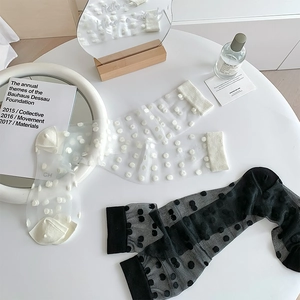 Detail view of thin transparent knee-high socks with polka dot pattern in black and white