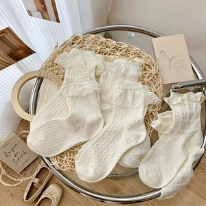 Cream white Lolita crew socks with lace ruffles, pearls and hollow knit patterns