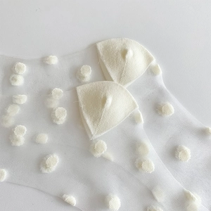 Close-up of white sheer knee-high socks with 3D polka dots and sweet bow details
