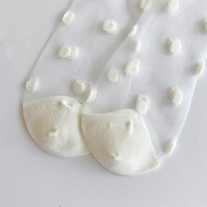 Close-up of white sheer mesh socks featuring 3D flocked polka dots and reinforced toes