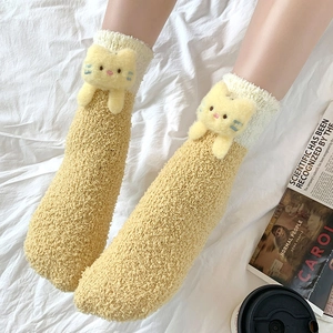Plush coral fleece socks with 3D cartoon cat dolls for winter warmth and home comfort