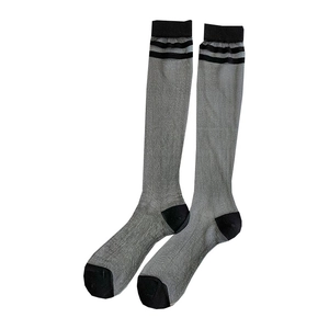 Sheer grey-black knee-high socks with stylish black stripes and reinforced toe and heel