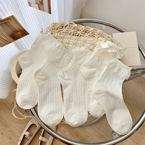 Women Sweet Lolita Socks Cream White Lace Trim Cotton Blend Mid-Calf Hosiery Ribbon Bow Textured Retro Frilly Edge
