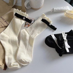 Detail of ballet style calf socks with ruffles, velvet bows and crystal accents