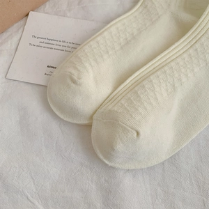 Close-up of white knee-high knit socks with diamond patterns and ribbed texture details