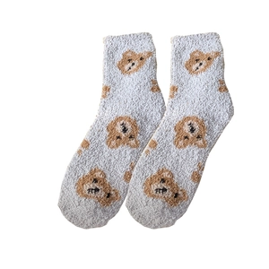 Thick coral fleece socks for women featuring cute bear patterns in light blue-grey color