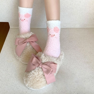 Women's warm coral fleece socks and plush slippers with a pink bow and pig pattern