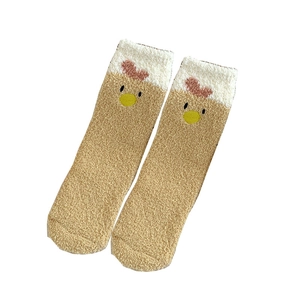 Cozy coral fleece fluffy socks with cute cartoon chicken embroidery in light brown and white
