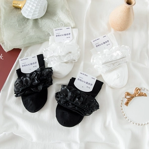 Detail of sweet Lolita style lace trim socks in black and white with organza ruffles