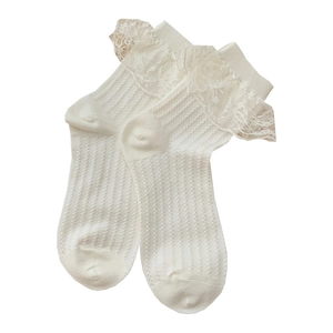Cream white Lolita style crew socks with delicate lace edges and vertical knit pattern