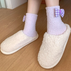 Thick coral fleece thermal socks with lavender plaid bow and plush beige slippers
