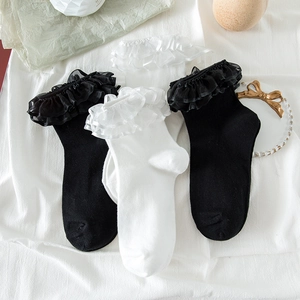 Lolita Mid-Calf Socks Cotton Blend Double Layer Organza Ruffle Lace Sweet Japanese Style JK For Women Girls