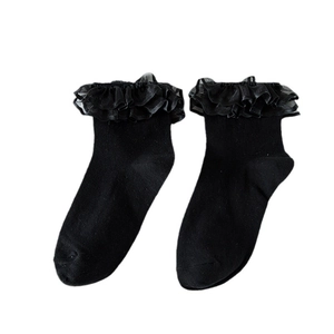 Black Lolita style lace ruffle crew socks for women featuring elegant pleated mesh trim
