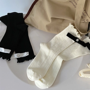 Women Cotton Blend Mid Calf Socks Sweet Ribbon Bow Rhinestone Artificial Pearl Ruffle Lettuce Edge Ribbed Knit JK Style
