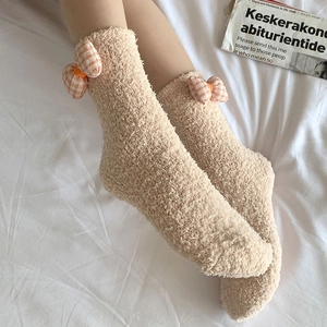 Thick coral fleece socks for women featuring cute orange plaid bow decoration