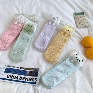 Women Coral Fleece Socks Thickened Warm Home Sleeping Socks With 3D Cartoon Animal Decoration Cute Sweet Mid Tube