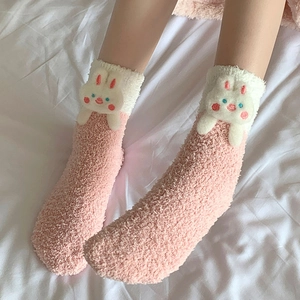 Pink coral fleece socks with cute 3D rabbit doll for winter warmth and home comfort