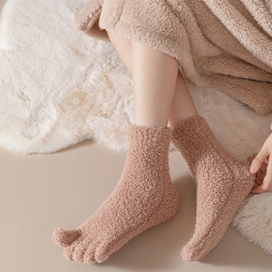 Fuzzy five-finger coral fleece socks for women in pink beige, warm winter sleep hosiery