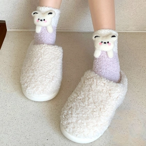 Cute coral fleece warm socks with 3D cartoon bear doll and thick plush house slippers