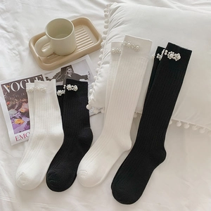 Women Cotton Ribbed Calf Socks With Artificial Pearl Flower Japanese JK Style Sweet Elegant Calf High Hosiery