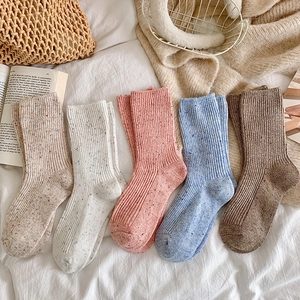 Women Winter Warm Wool Socks Ribbed Knit Mid Tube Speckled Yarn Simple Solid Color Breathable Soft Casual Daily Socks