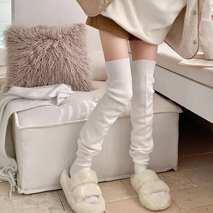 Women Over The Knee Slouch Socks Knitted Cotton Blend Ribbed Thick Warm Winter Boot Leg Warmers Japanese Style Solid Color