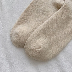 Detail shot of beige wool blend over-knee socks showing fine vertical knit texture and seams