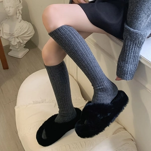 Deep grey ribbed knit wool socks with black faux fur open-toe slippers for winter warmth