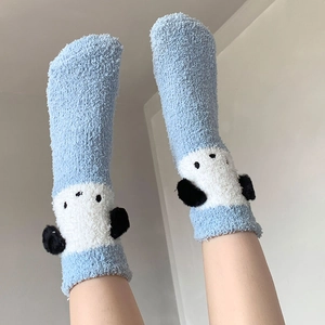 Chaussettes d'hiver en polaire corail avec oreilles de panda 3D en bleu et blanc