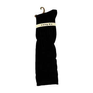 Black ribbed knit knee-high socks with retail packaging and hanging hook in studio view