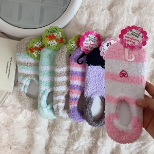 Women Coral Fleece Floor Socks Warm Thickened Low Cut Striped Sweet Heart Embroidery Japanese Style