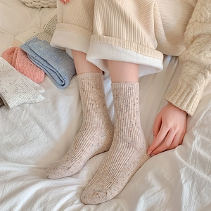 Detail of wool blend thermal socks showing colorful flecks and ribbed knit texture