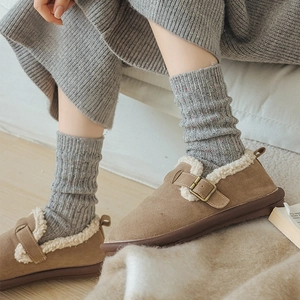 Brown suede winter mule slippers with warm faux shearling lining and metal buckle detail