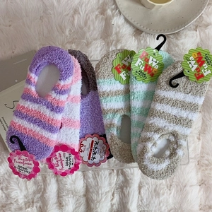 Japanese style striped coral fleece warm floor socks for women in soft pastel colors