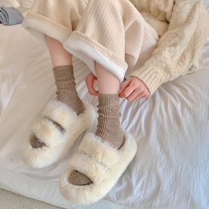 Winter faux fur cross band slippers with warm wool socks for cozy indoor home wear