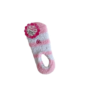 Pink and white striped coral fleece socks with heart embroidery and pink tag